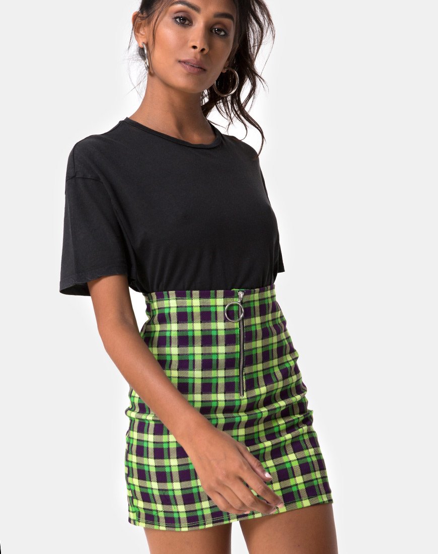 Kimber Bodycon rok in Groen en Paars Ruitje