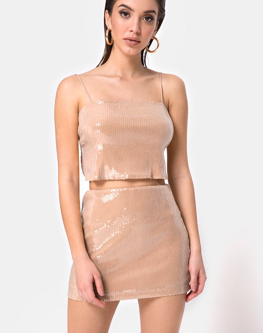 Afbeelding van Champo Crop Top in Camel met Heldere Pailletten