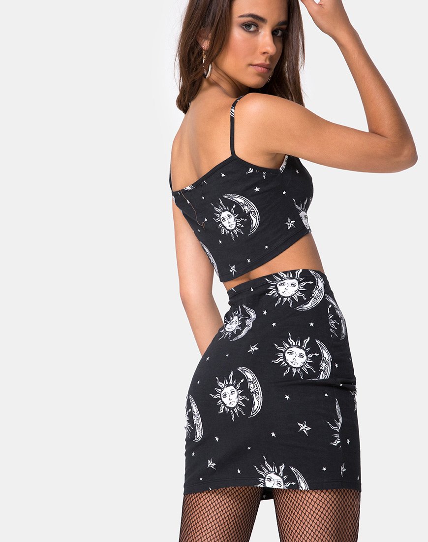 Afbeelding van Kimmy Bodycon Rok in Zon Maan Sterren BW