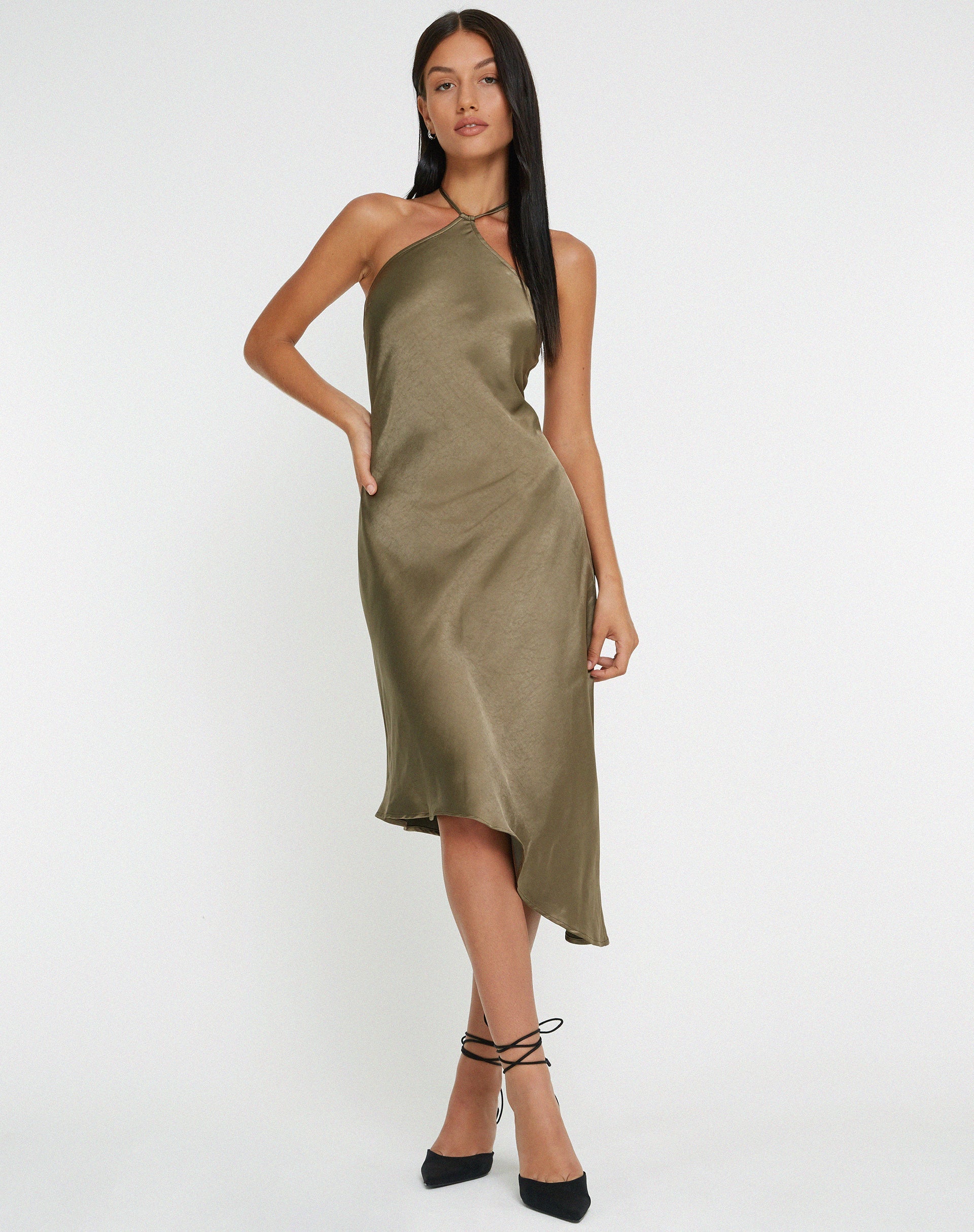 Afbeelding van Kimora Midi Dress in Satijn Donker Olijf
