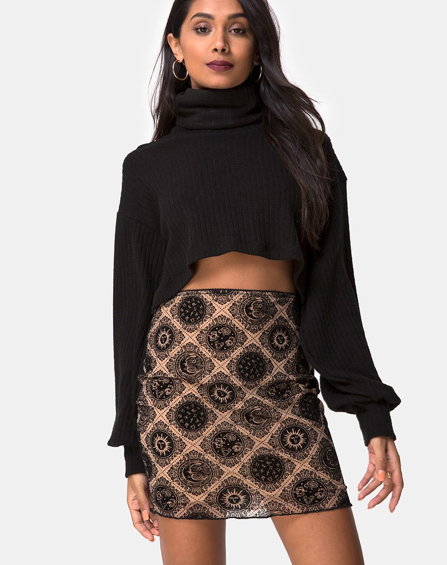 Kinnie Minirok in Taupe Net met Zwart Teken Flock