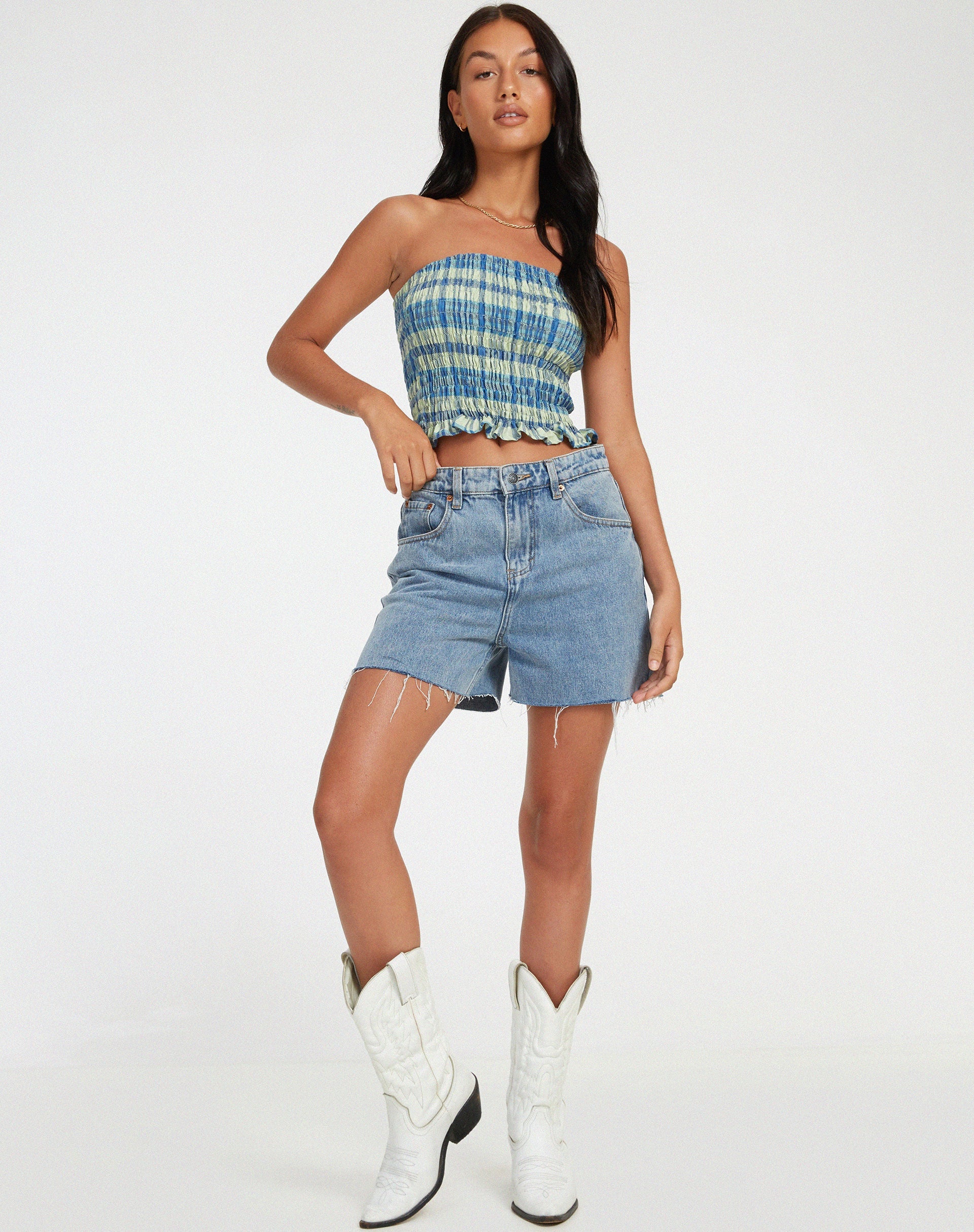 Afbeelding van Kiyo Bandeau Top in Colourpop Check Green and Blue