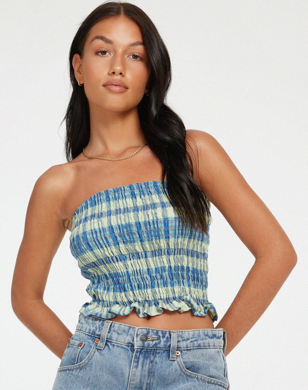 Kiyo Bandeau Top in Colourpop Check Green en Blue