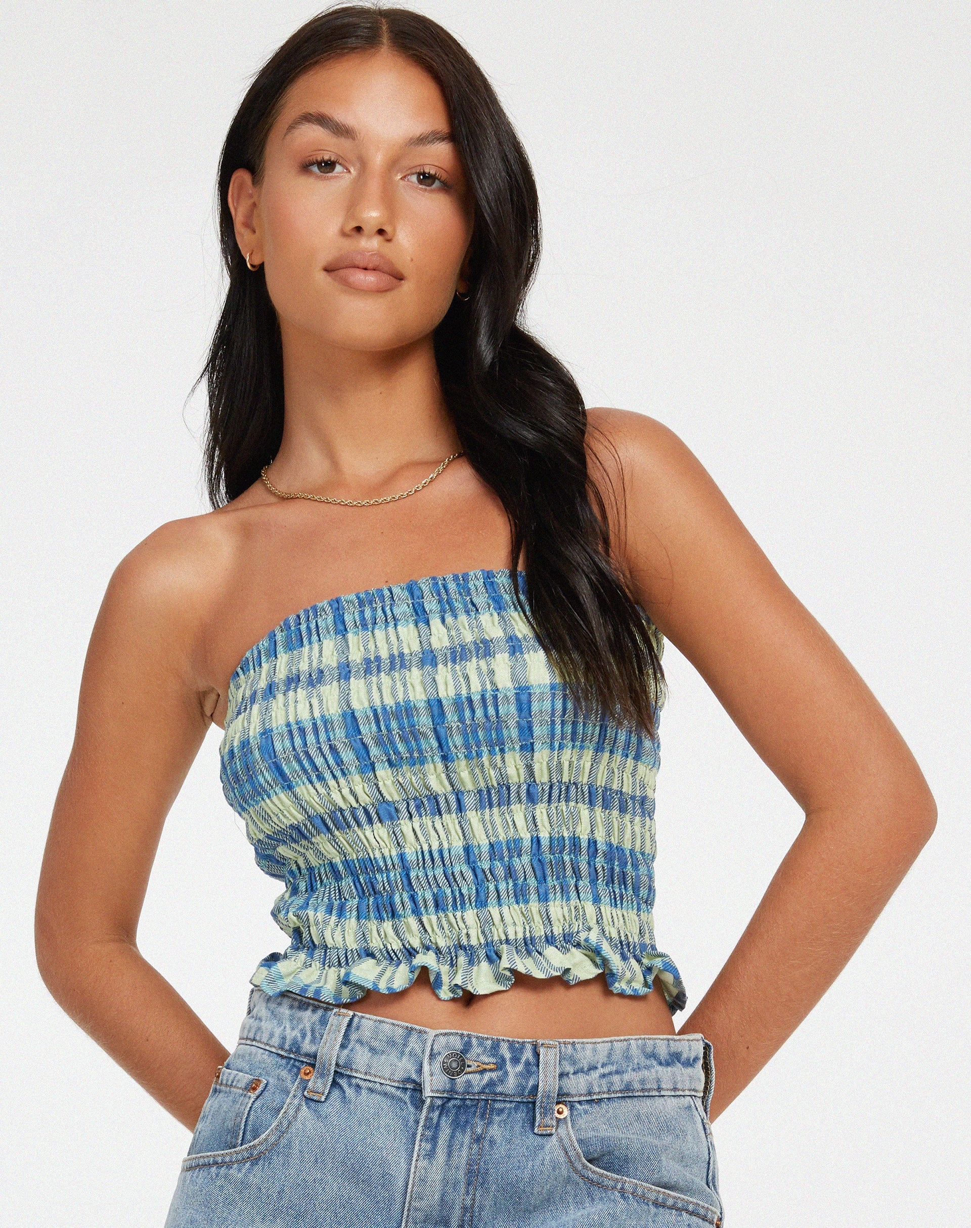 Afbeelding van Kiyo Bandeau Top in Colourpop Check Green and Blue