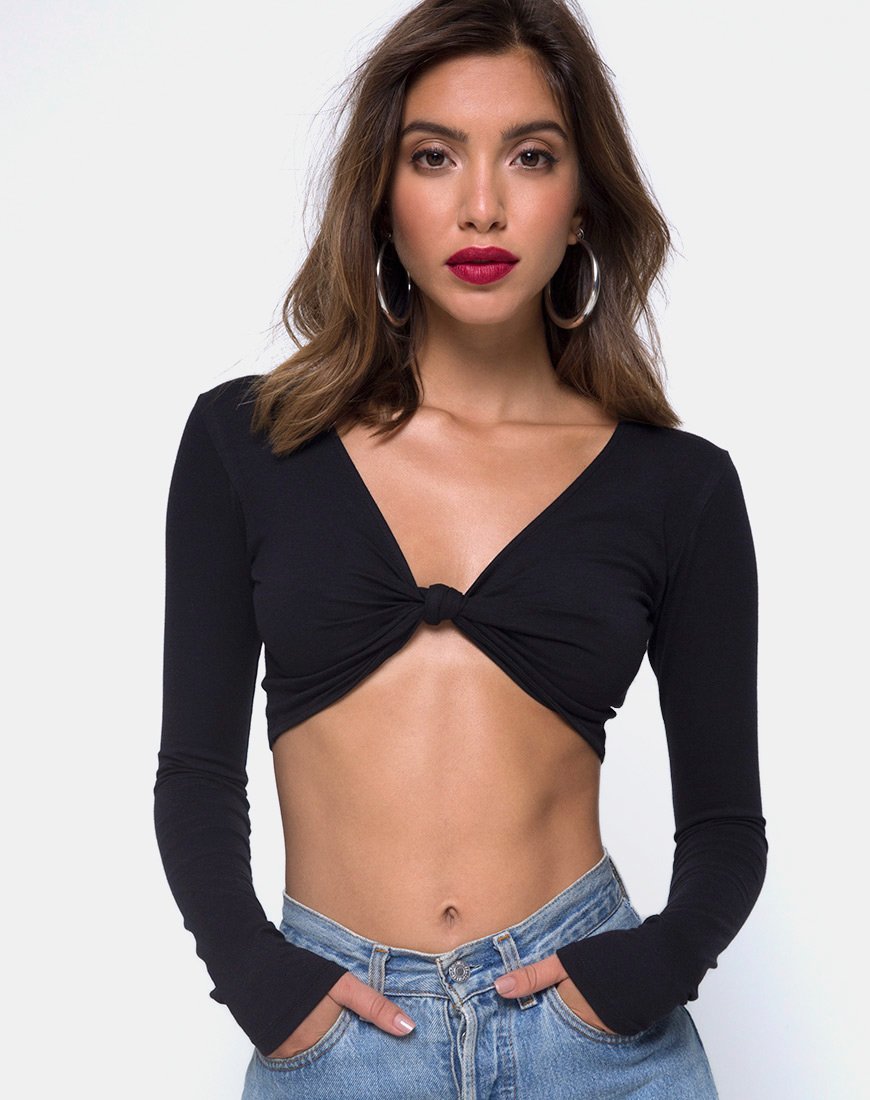 Afbeelding van Knotie Longsleeve Crop Top in Zwart