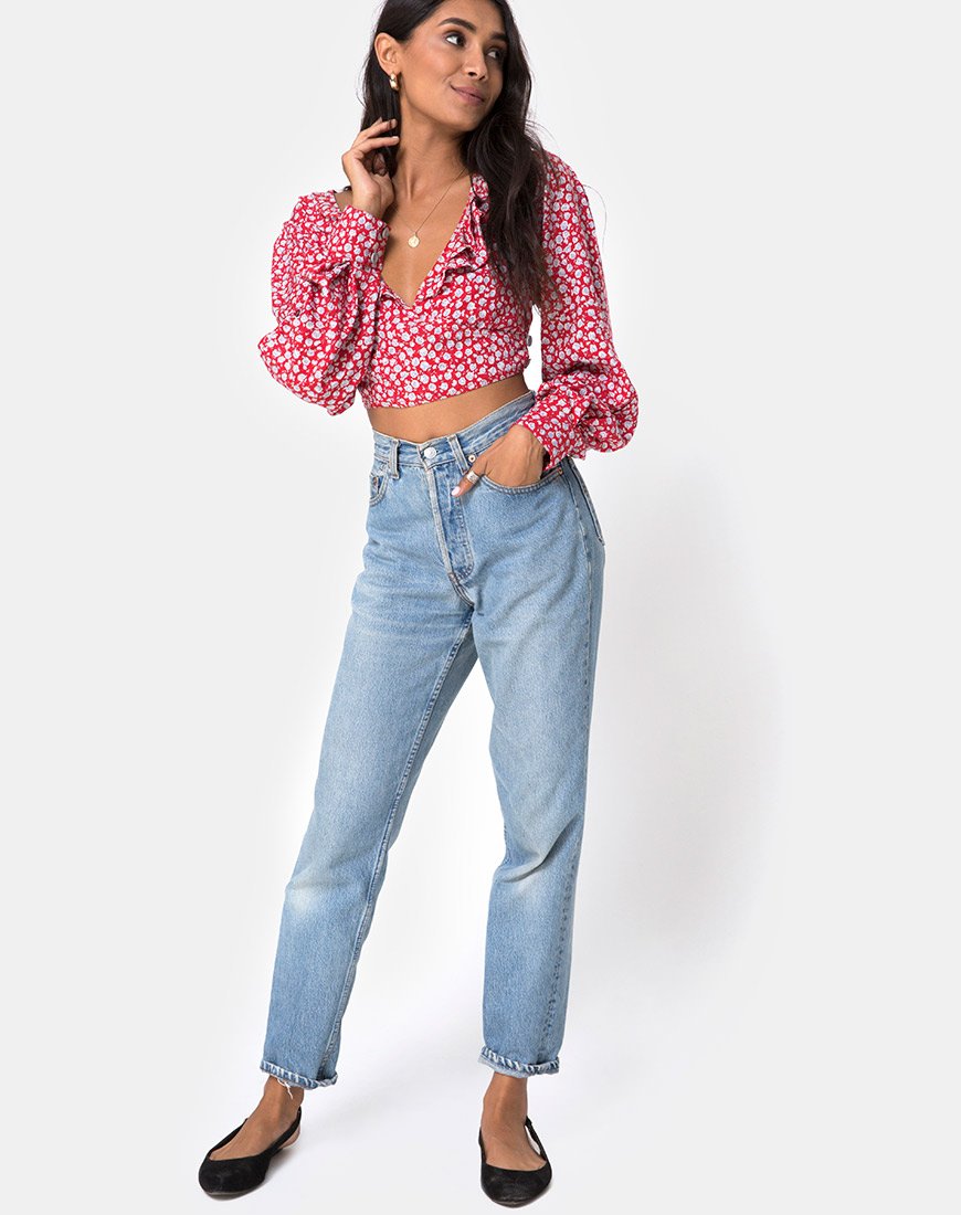 Afbeelding van Koniva Crop Top in Ditsy Rose Rood en Zilver