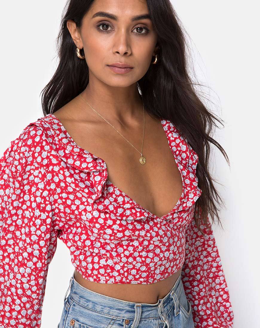 Koniva Crop Top in Ditsy Rose Red en Zilver