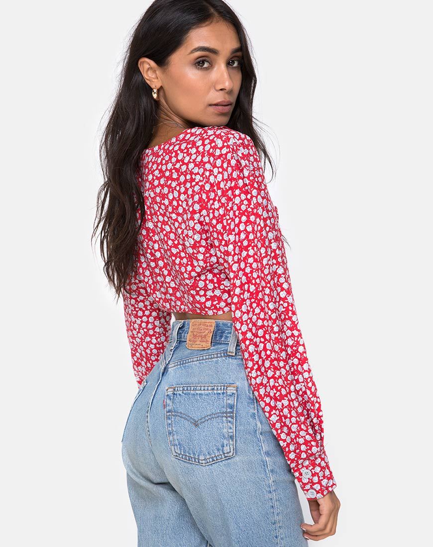 Koniva Crop Top in Ditsy Rose Red en Zilver