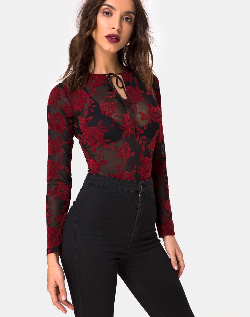 Afbeelding van Korina Bodice in Romantic Red Rose Flock