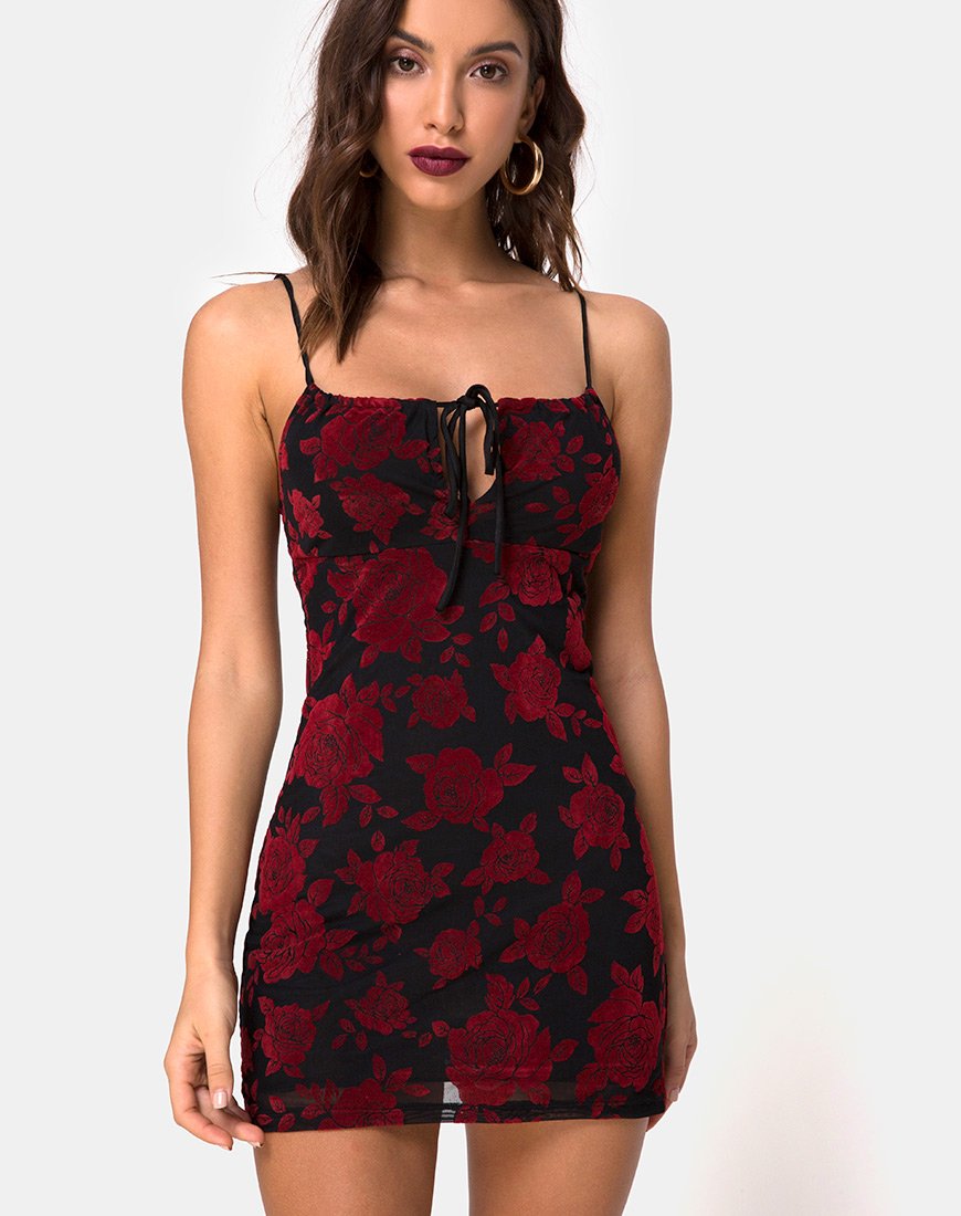 Afbeelding van Kumin Bodycon Dress in Romantic Red Rose Flock
