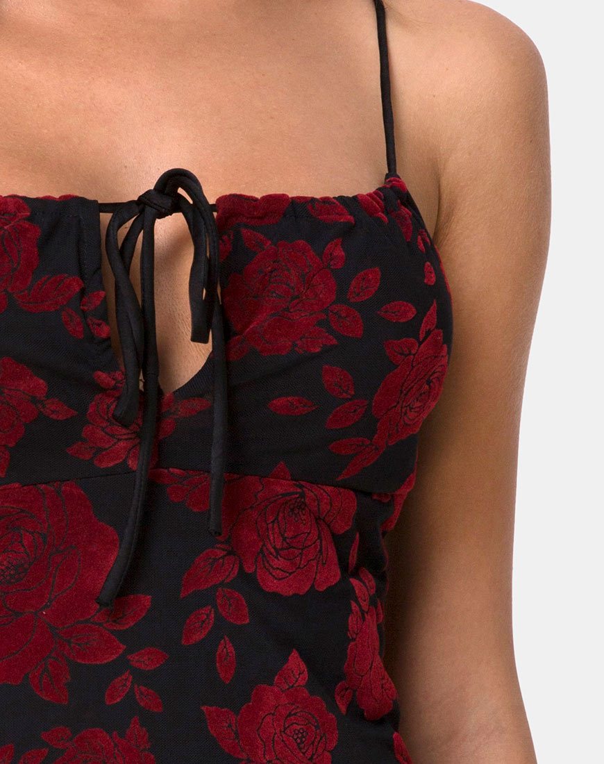 Afbeelding van Kumin Bodycon Dress in Romantic Red Rose Flock