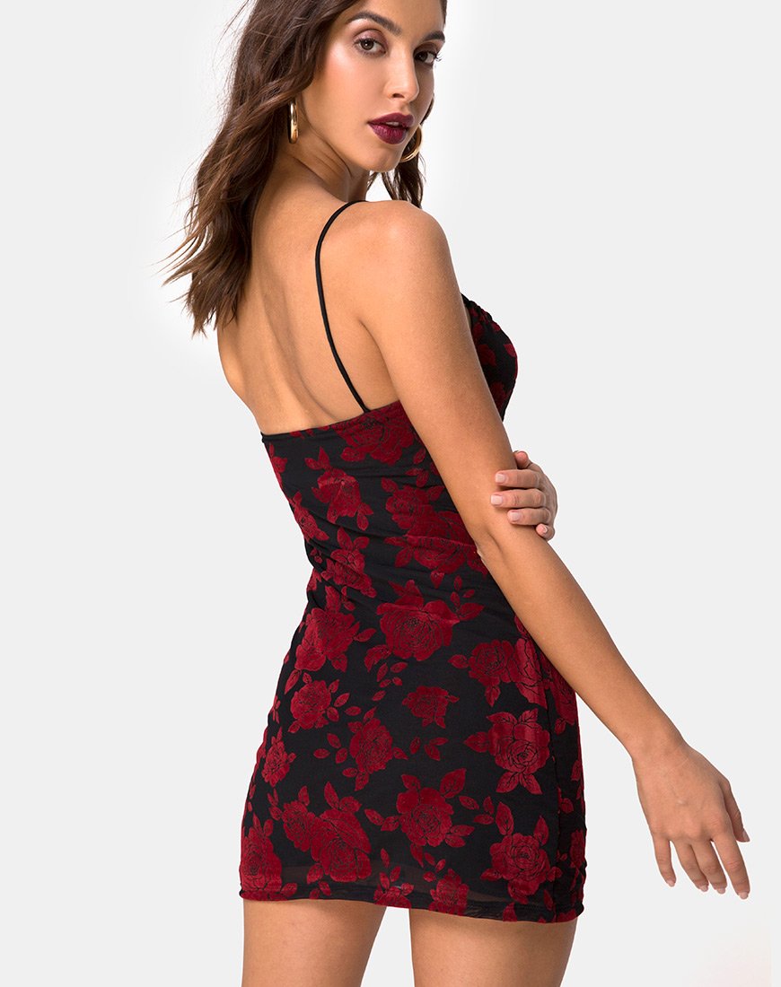 Afbeelding van Kumin Bodycon Dress in Romantic Red Rose Flock