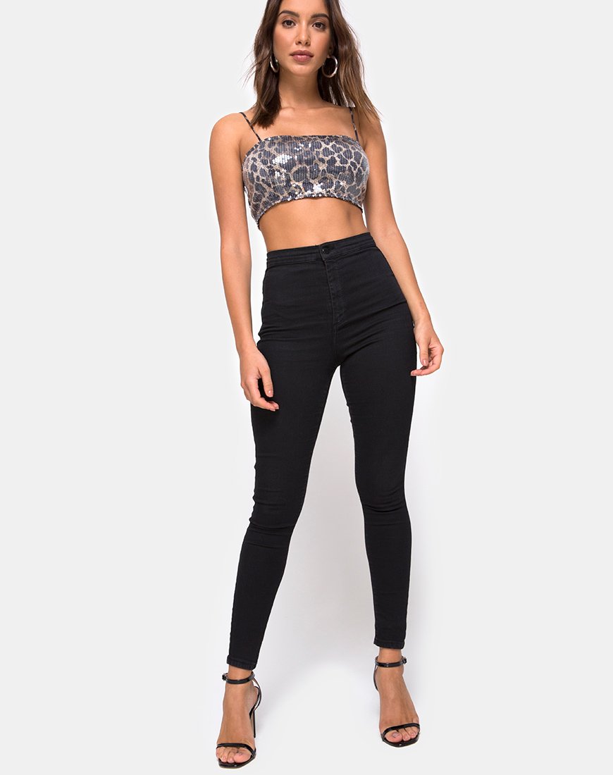 Afbeelding van Kylie Crop Top in Luipaard Clear Sequin