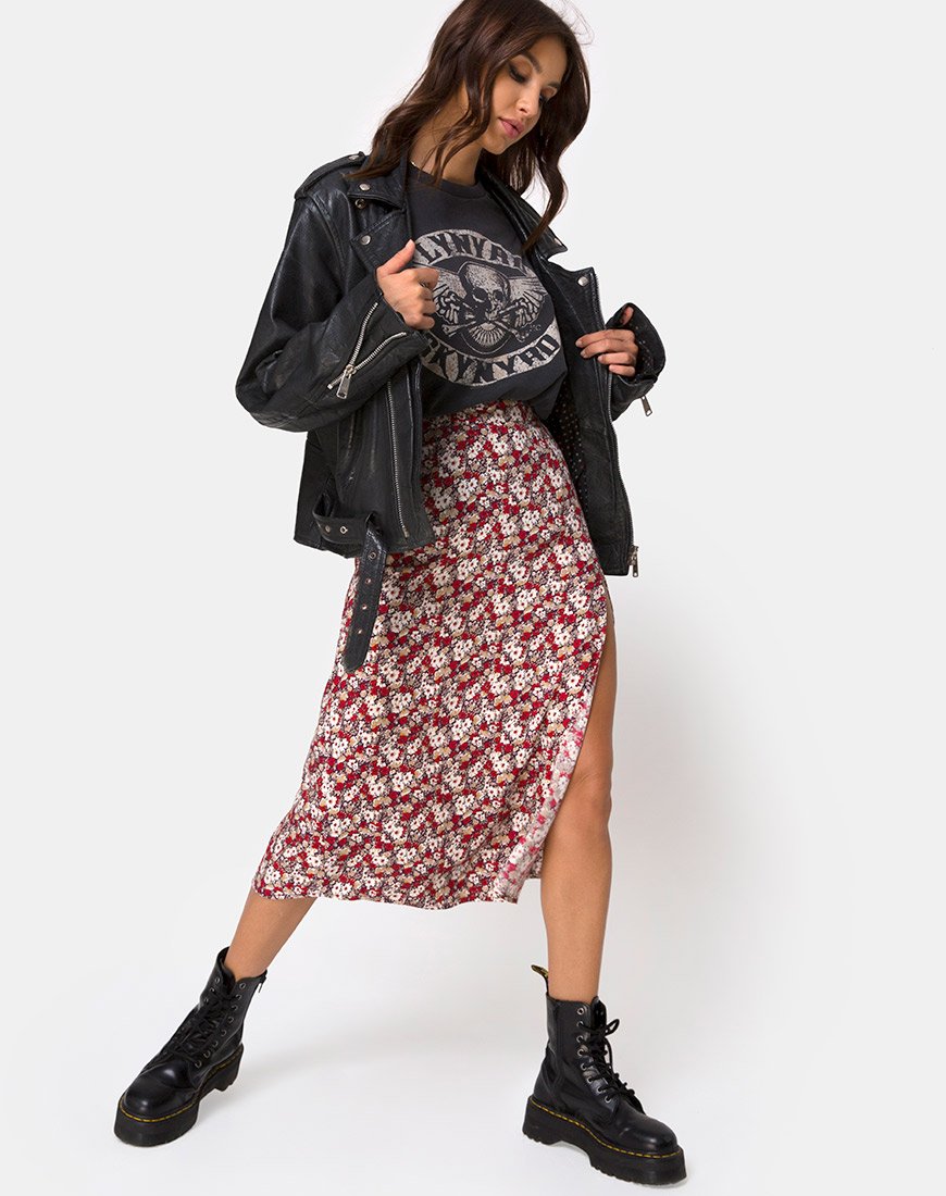 Saika Midi rok in Rood Bloemetjestooi