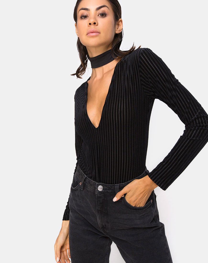 Lao Plunge Bodice in Zwart Sheer Stripe