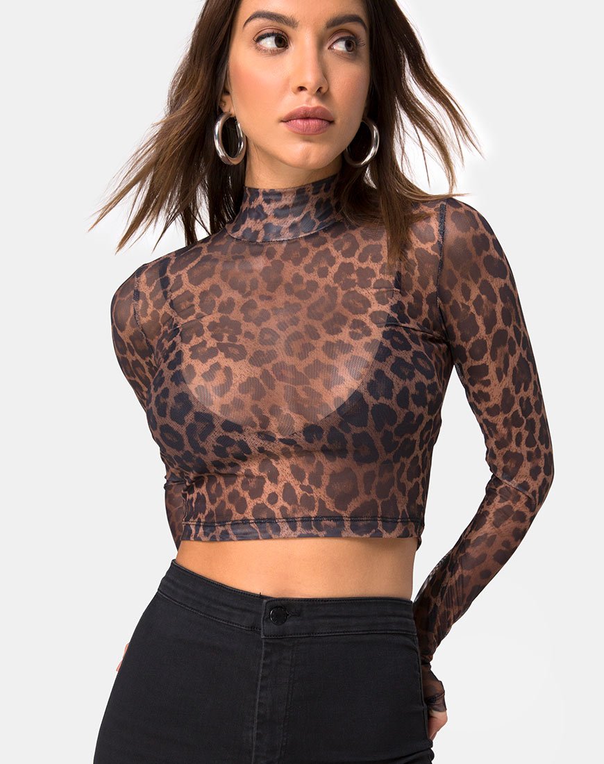 Lara Gewatteerde Top in Luipaard Mesh