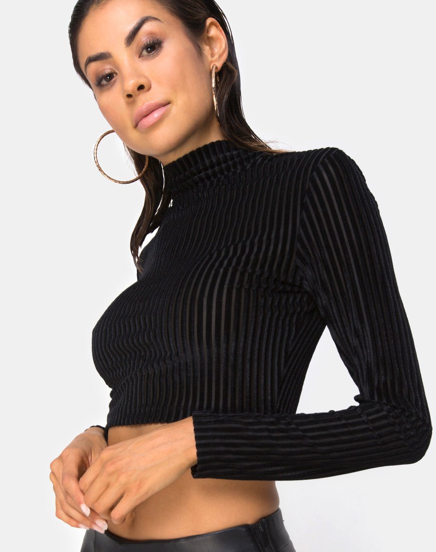 Lara Crop Top in Zwart Sheer Stripe
