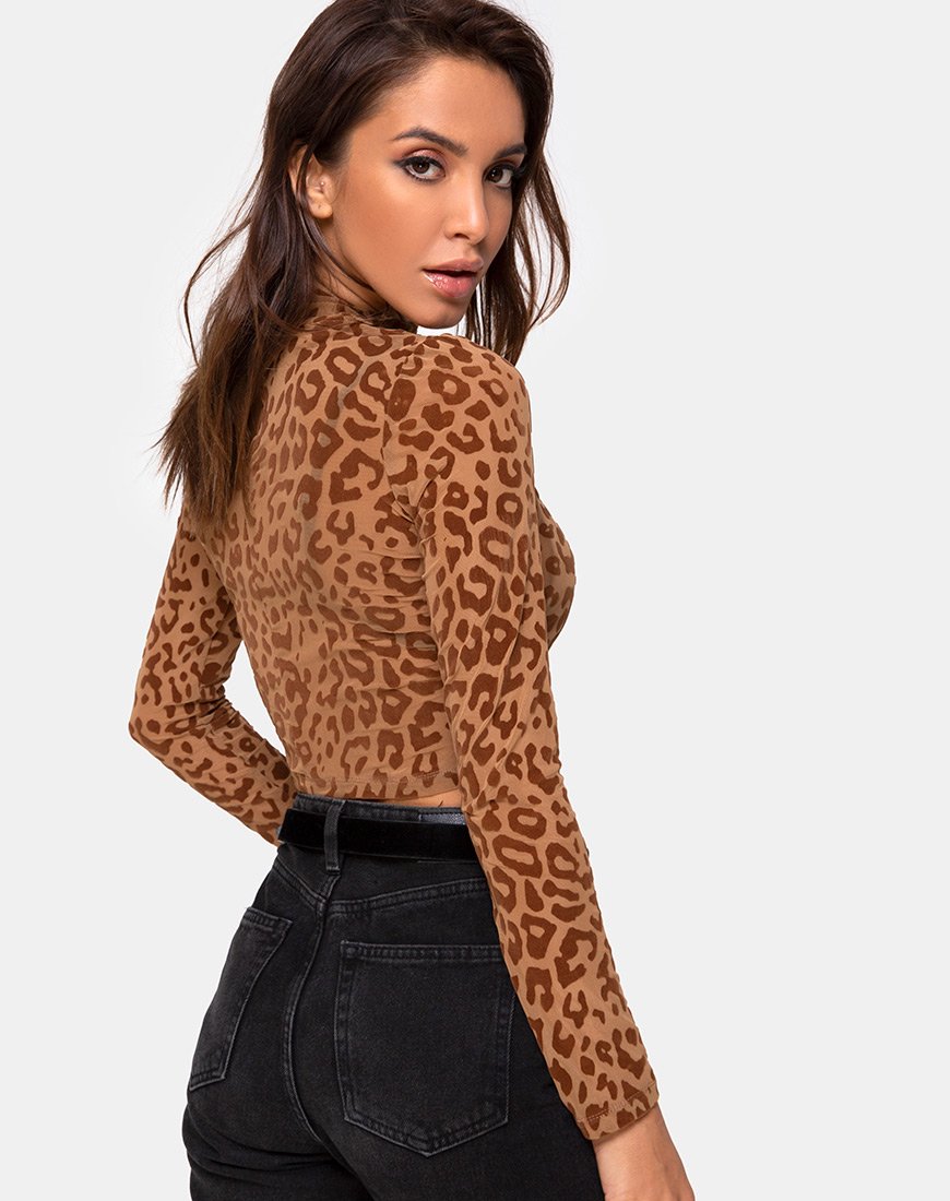 Lara Crop Top in Animal Flock Tan Bruin