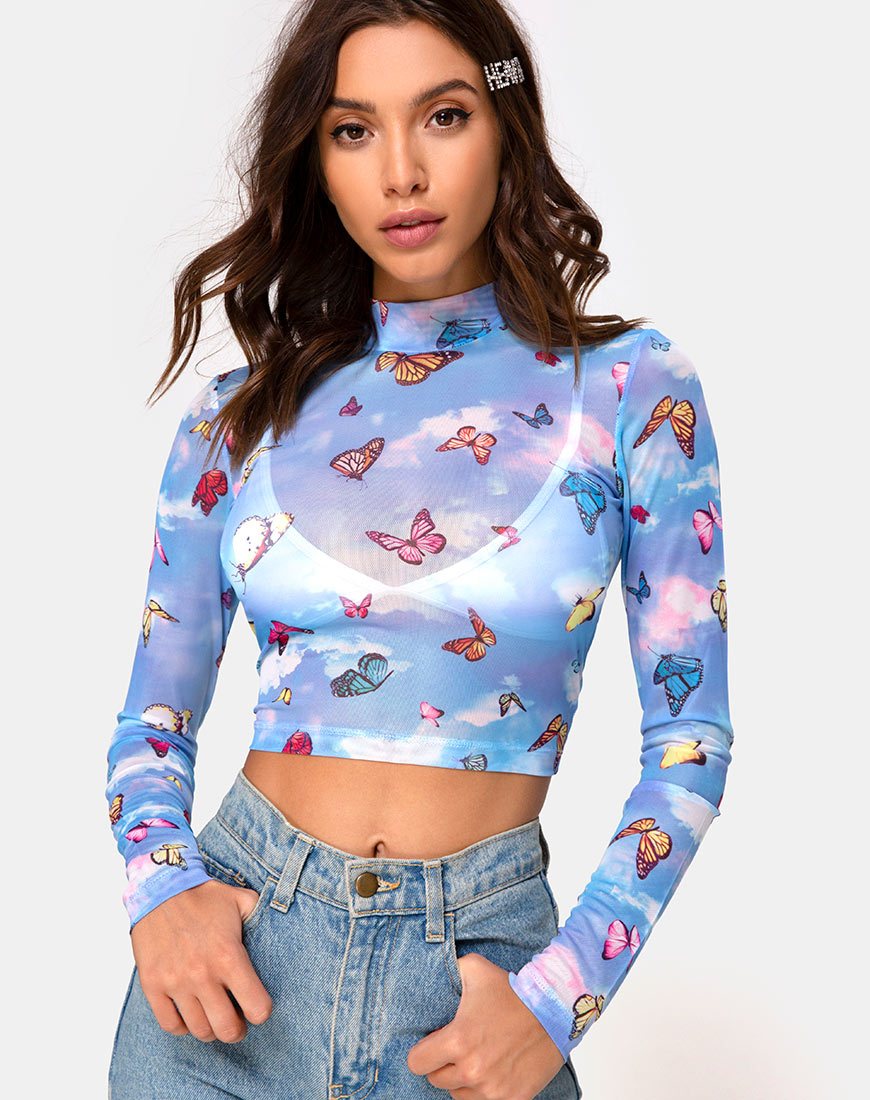 Lara Top in Mesh Blauw Vlinder
