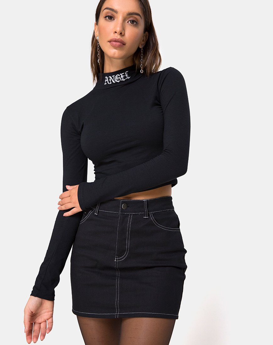 Lara Crop in zwart met engelenborduursel