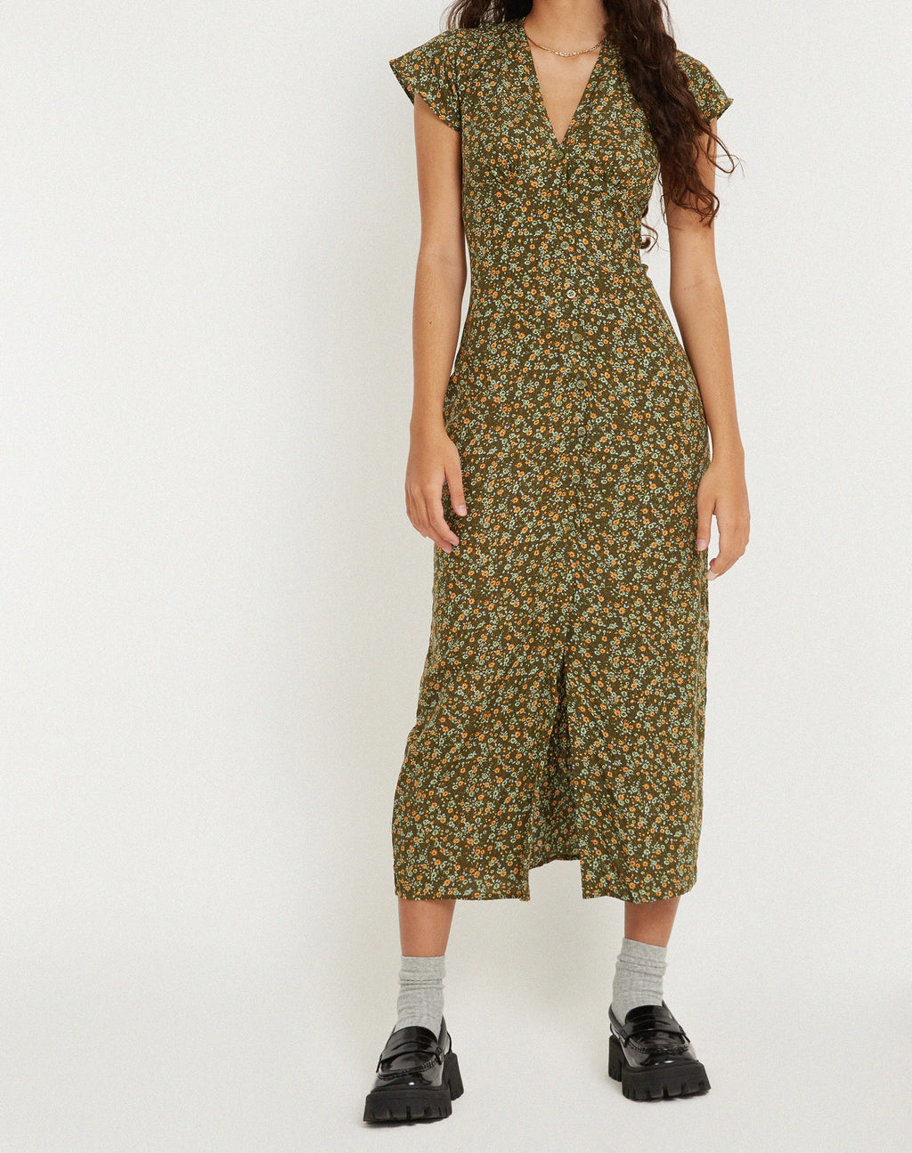 Larin Midi Dress in Grungey Bloemig Khaki
