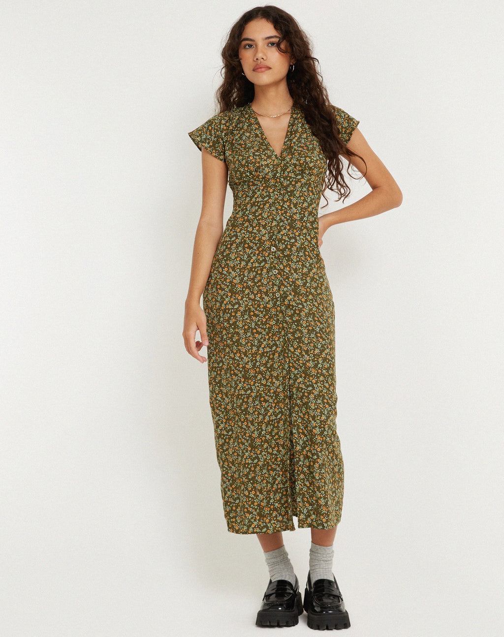 Larin Midi Dress in Grungey Bloemig Khaki