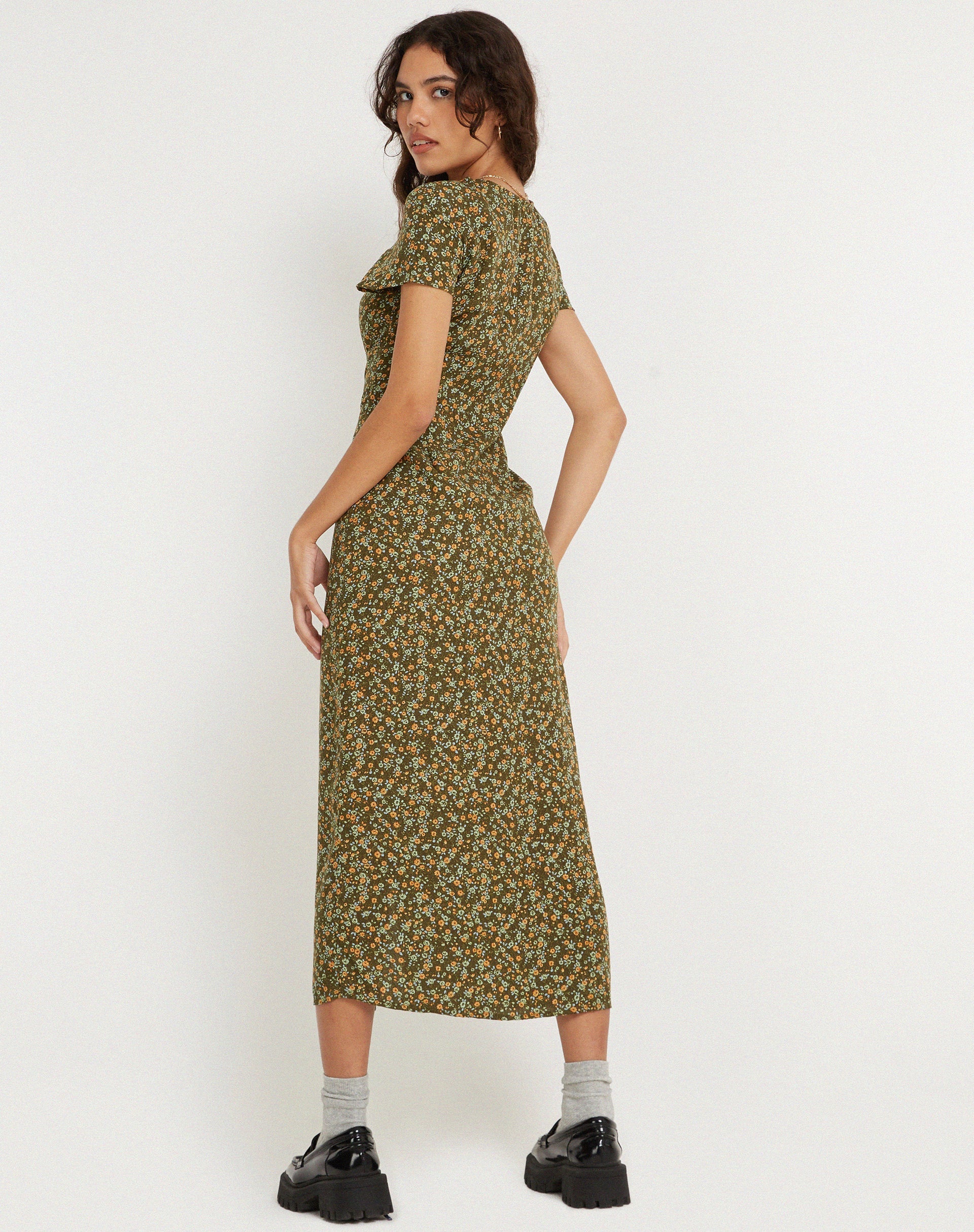 Afbeelding van Larin Midi Dress in Grungey Floral Khaki