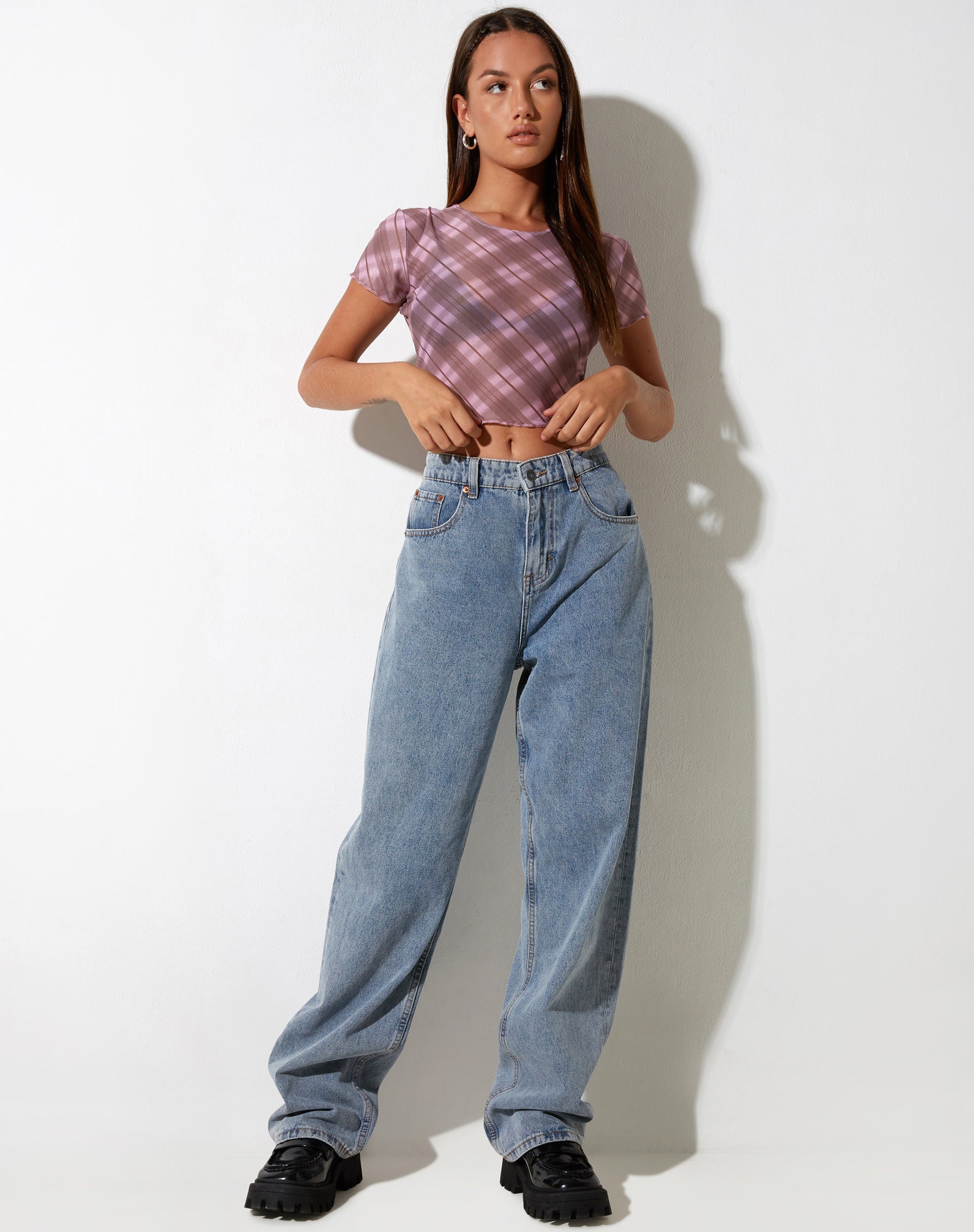 Afbeelding van Tiney Crop Top in Roze Vage Ruit