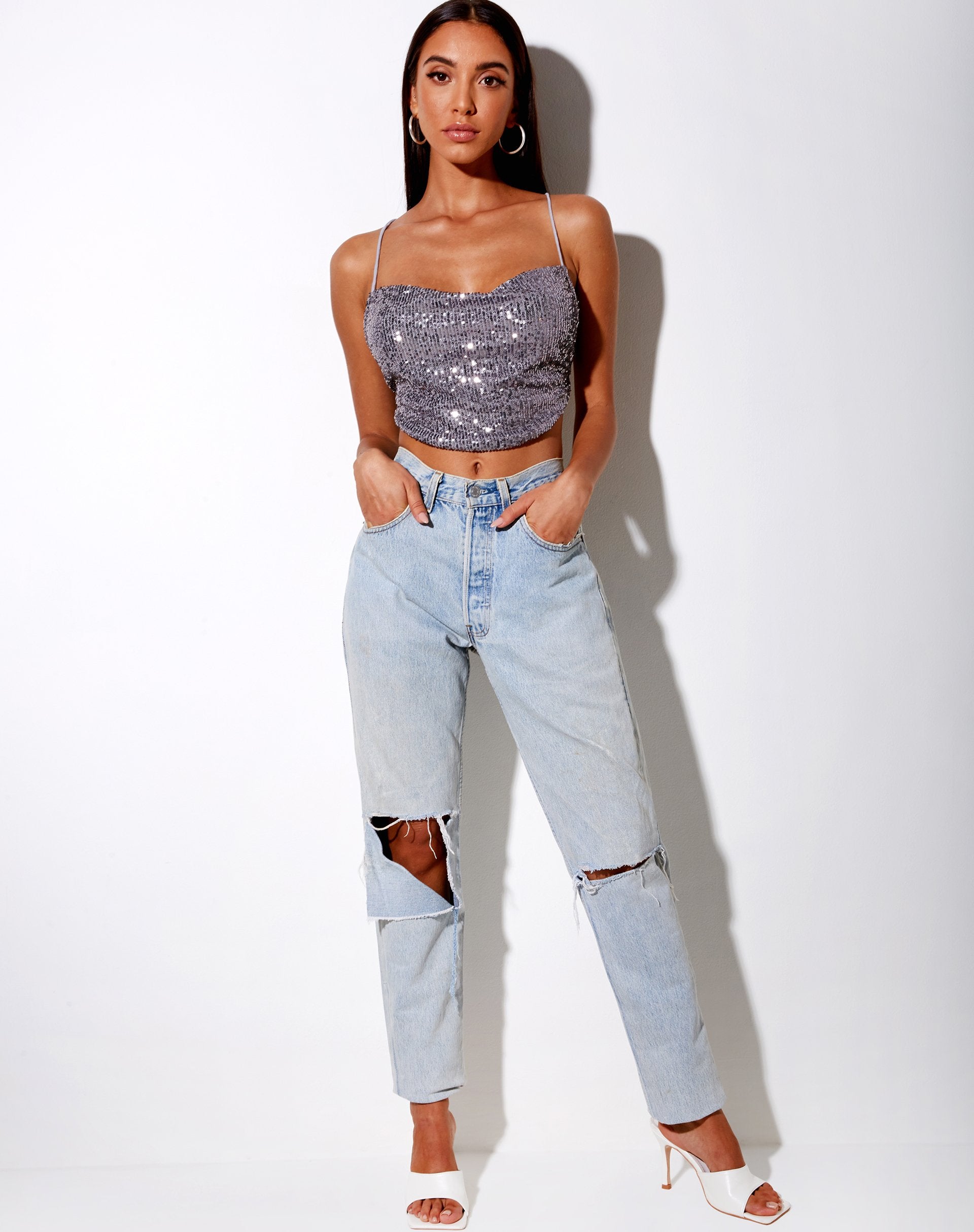 Afbeelding van Laxmi Crop Top in Drape Pailletten Zilver