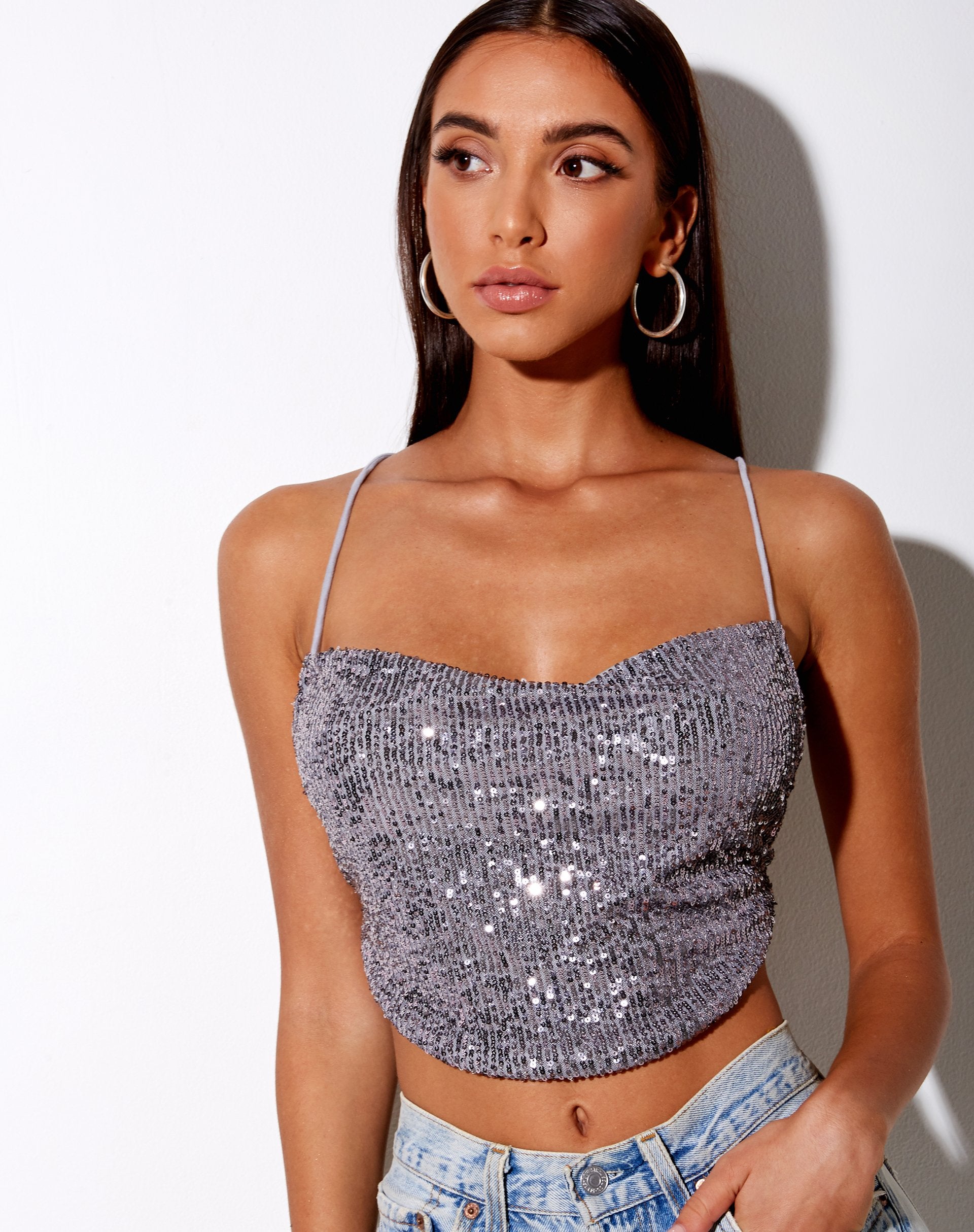 Afbeelding van Laxmi Crop Top in Drape Pailletten Zilver