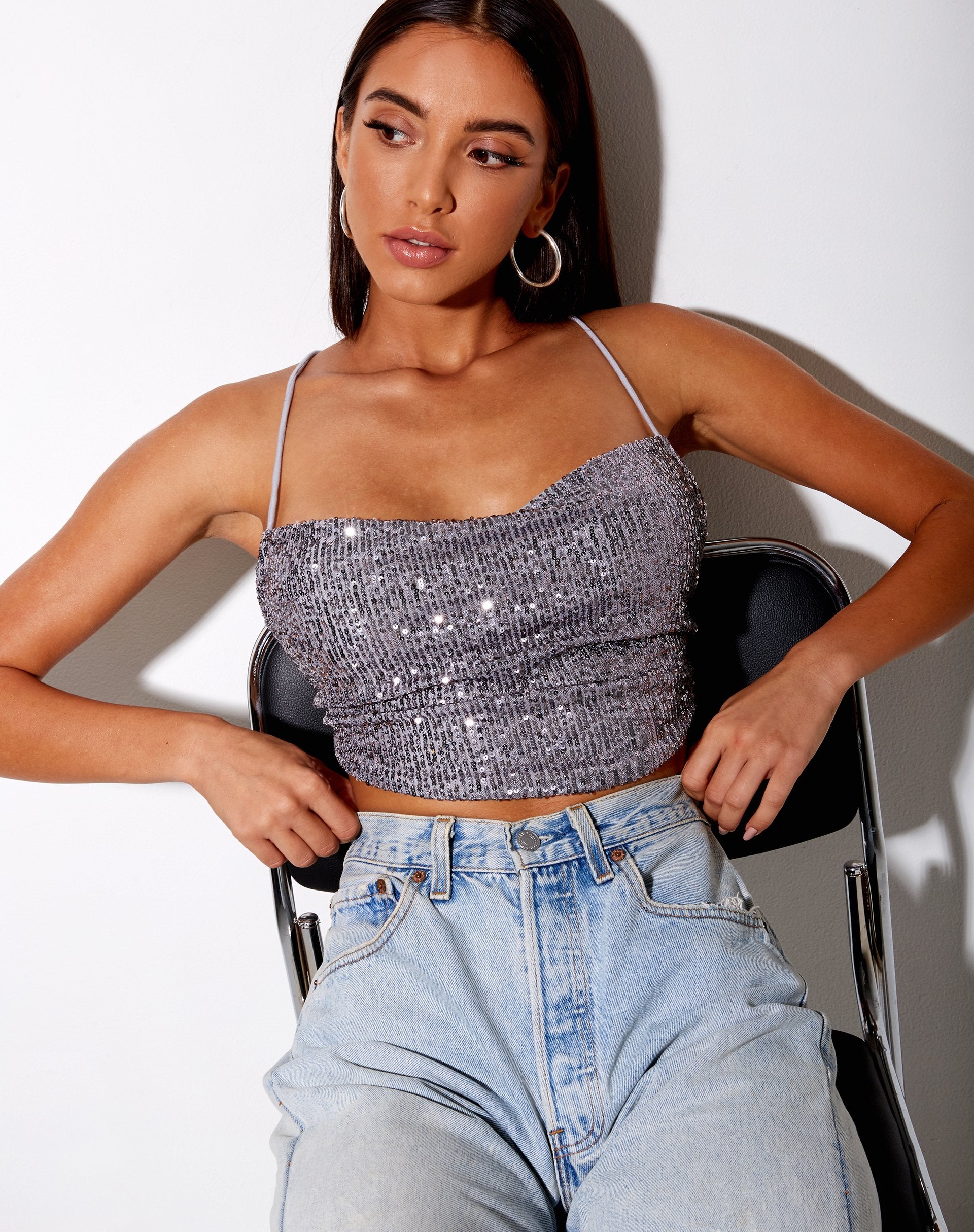 Afbeelding van Laxmi Crop Top in Drape Pailletten Zilver