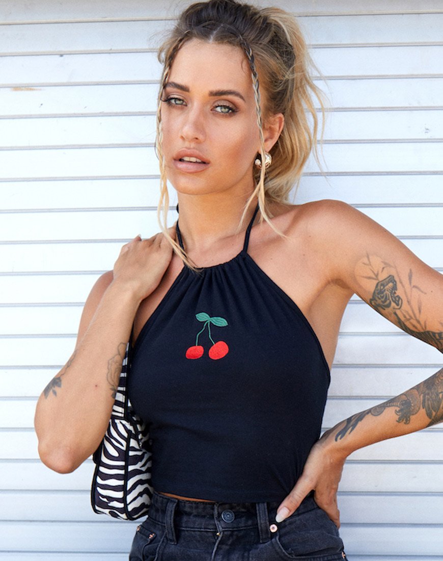 Slanke Crop Top in Black Cherry Embro