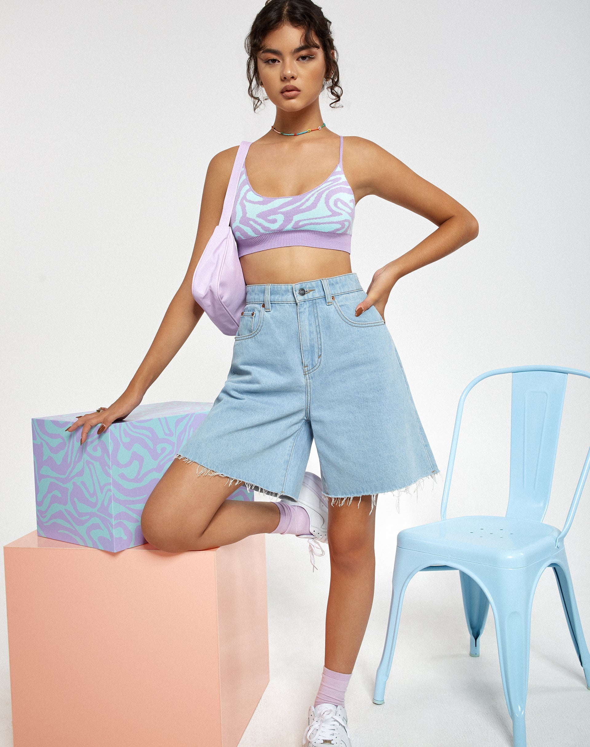 Afbeelding van Motel X Barbara Kristoffersen Lian Crop Top in Knit Jagged Swirl Lavendel en Mint