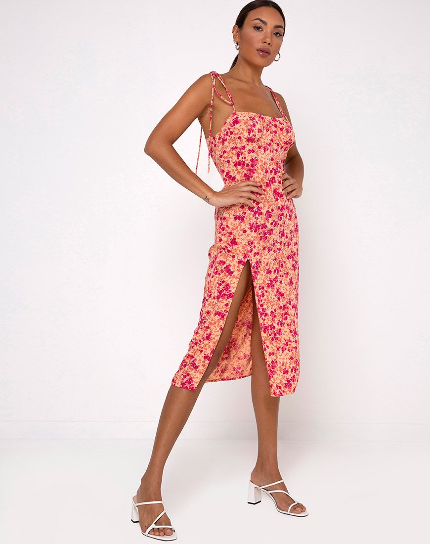 Afbeelding van Lotie Midi Dress in Dark Wild Flower Cantaloupe