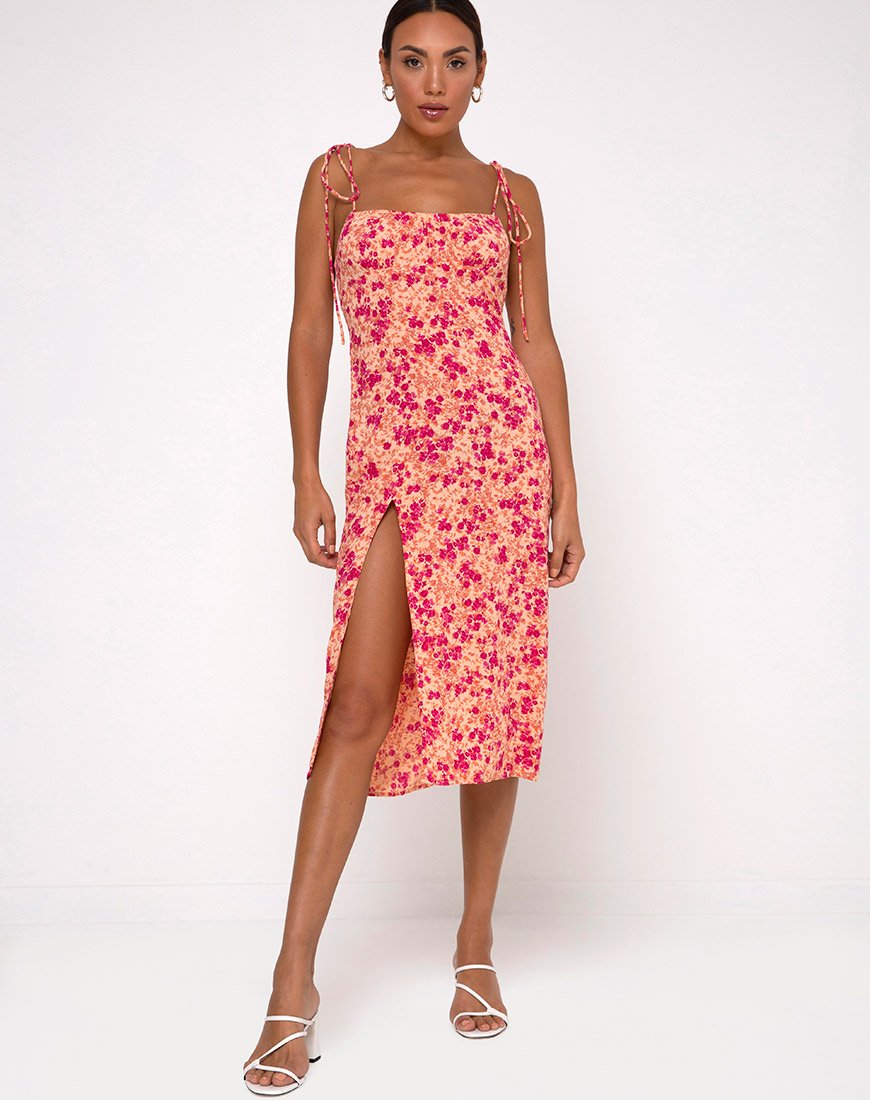 Afbeelding van Lotie Midi Dress in Dark Wild Flower Cantaloupe