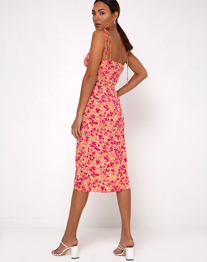 Afbeelding van Lotie Midi Dress in Dark Wild Flower Cantaloupe
