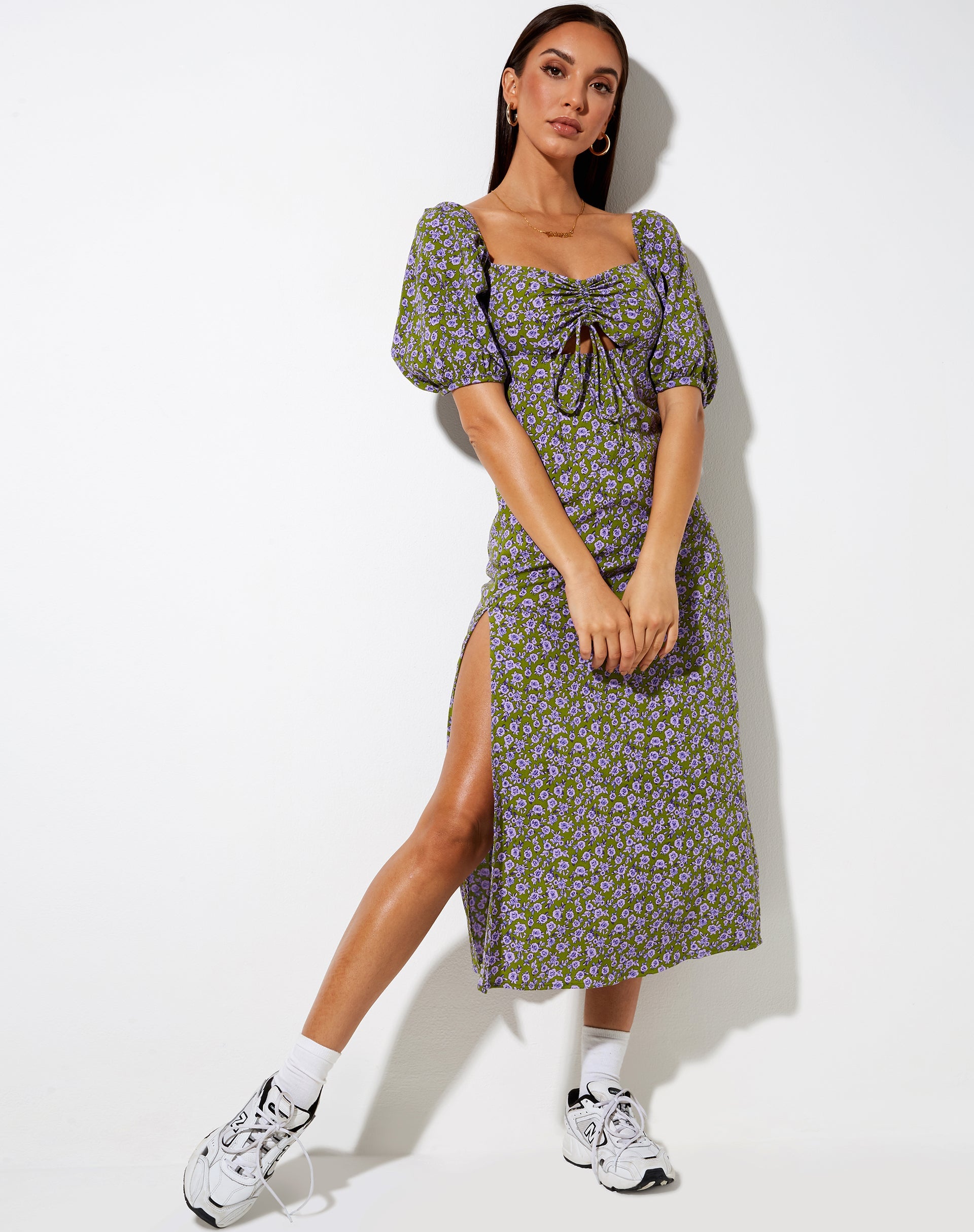 Afbeelding van Lourgia Midi Dress in Herfstbloesem Khaki