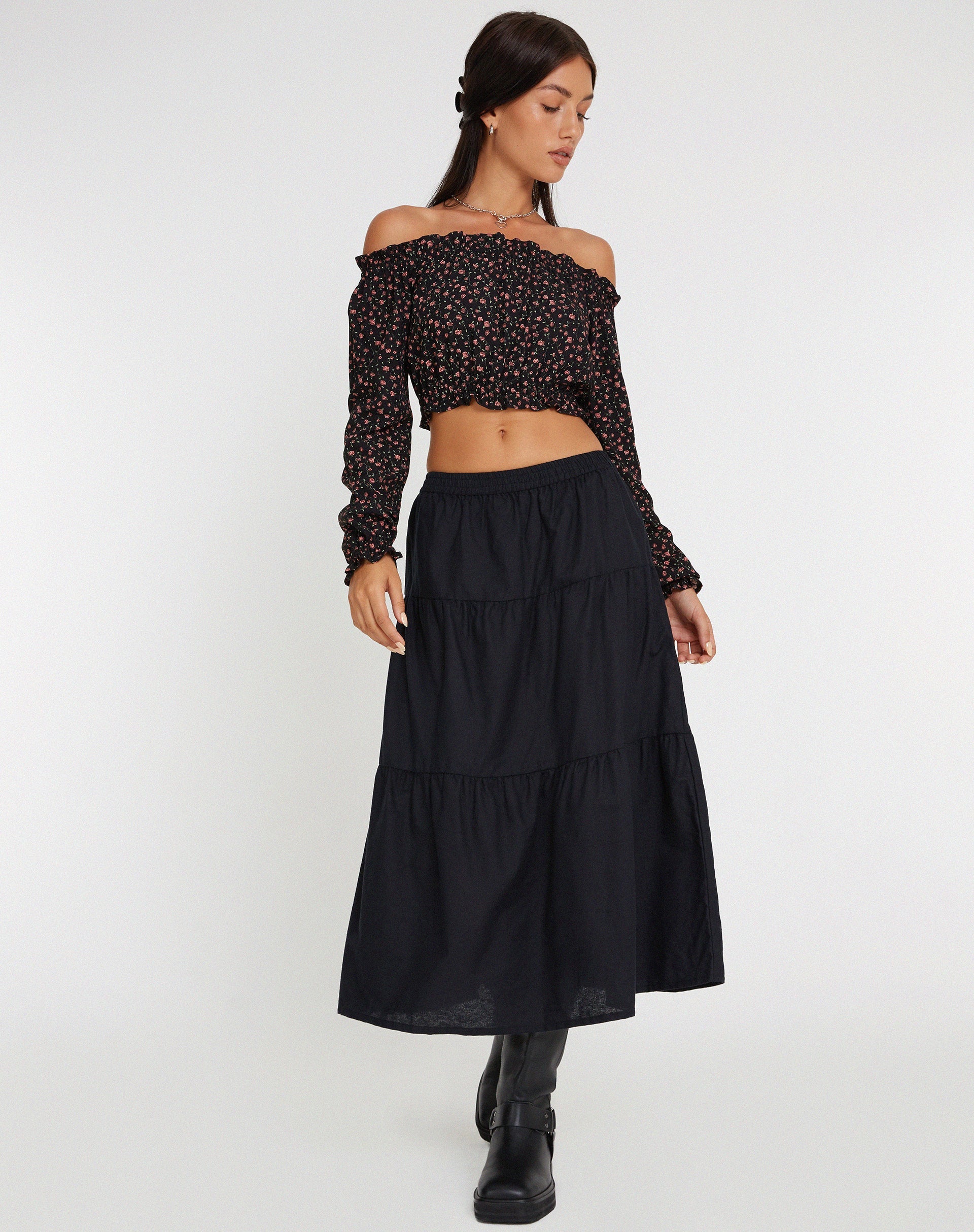 Afbeelding van Madley Bardot Top met lange mouwen in Donkerroze Roos Zwart