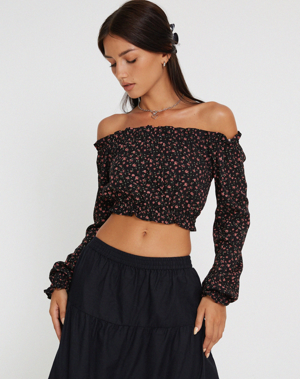Madley Bardot Top met lange mouwen in donkerroze, roze, zwart