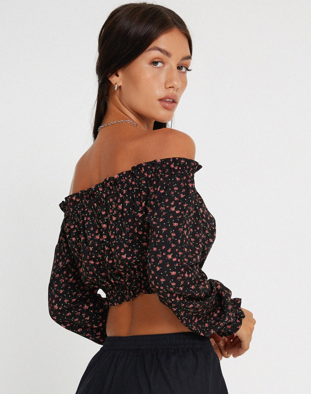 Madley Bardot Top met lange mouwen in donkerroze, roze, zwart
