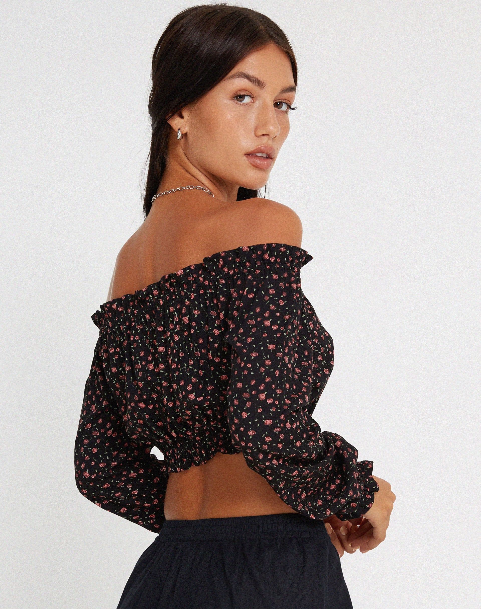 Afbeelding van Madley Bardot Top met lange mouwen in Donkerroze Roos Zwart