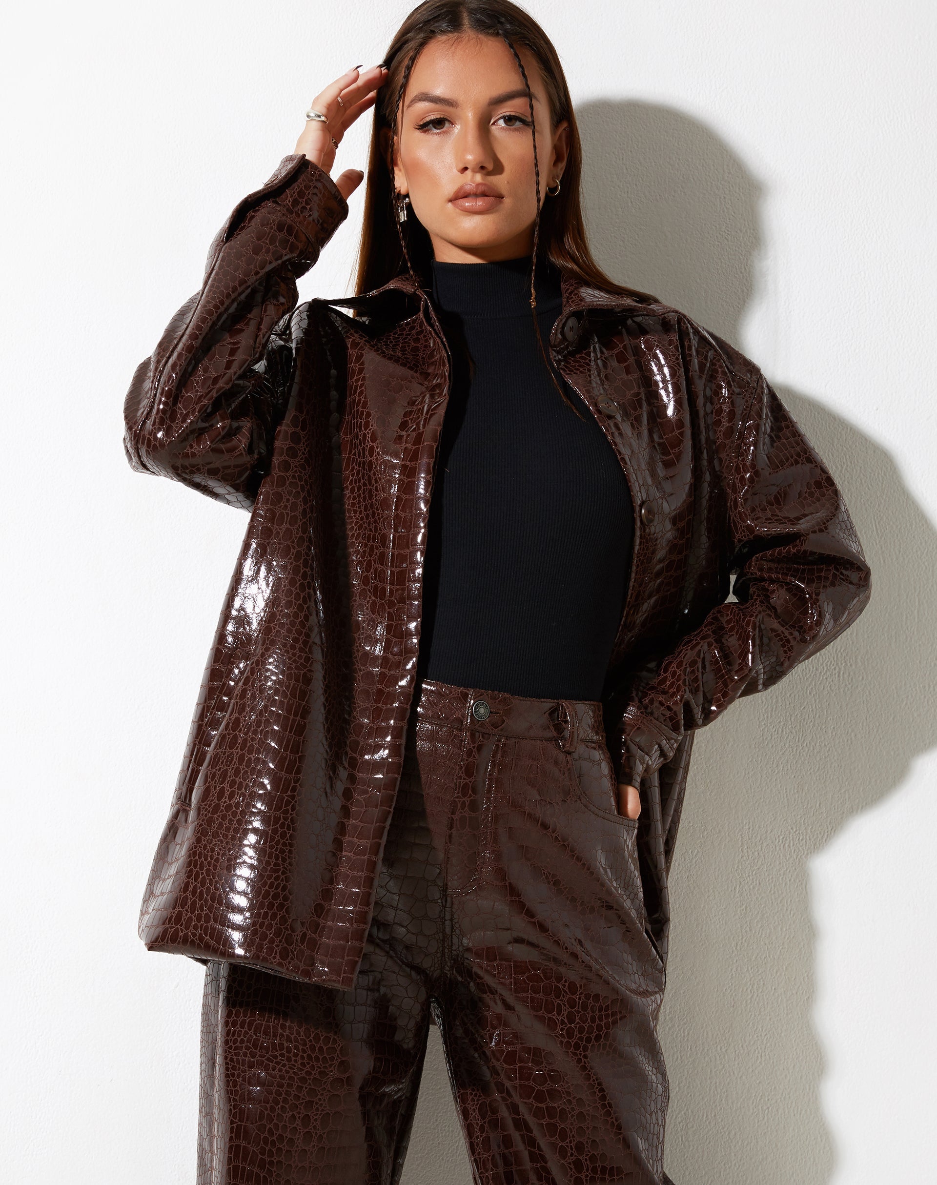 Afbeelding van MOTEL X IRIS Parallel broek in Croc PU donkerbruin