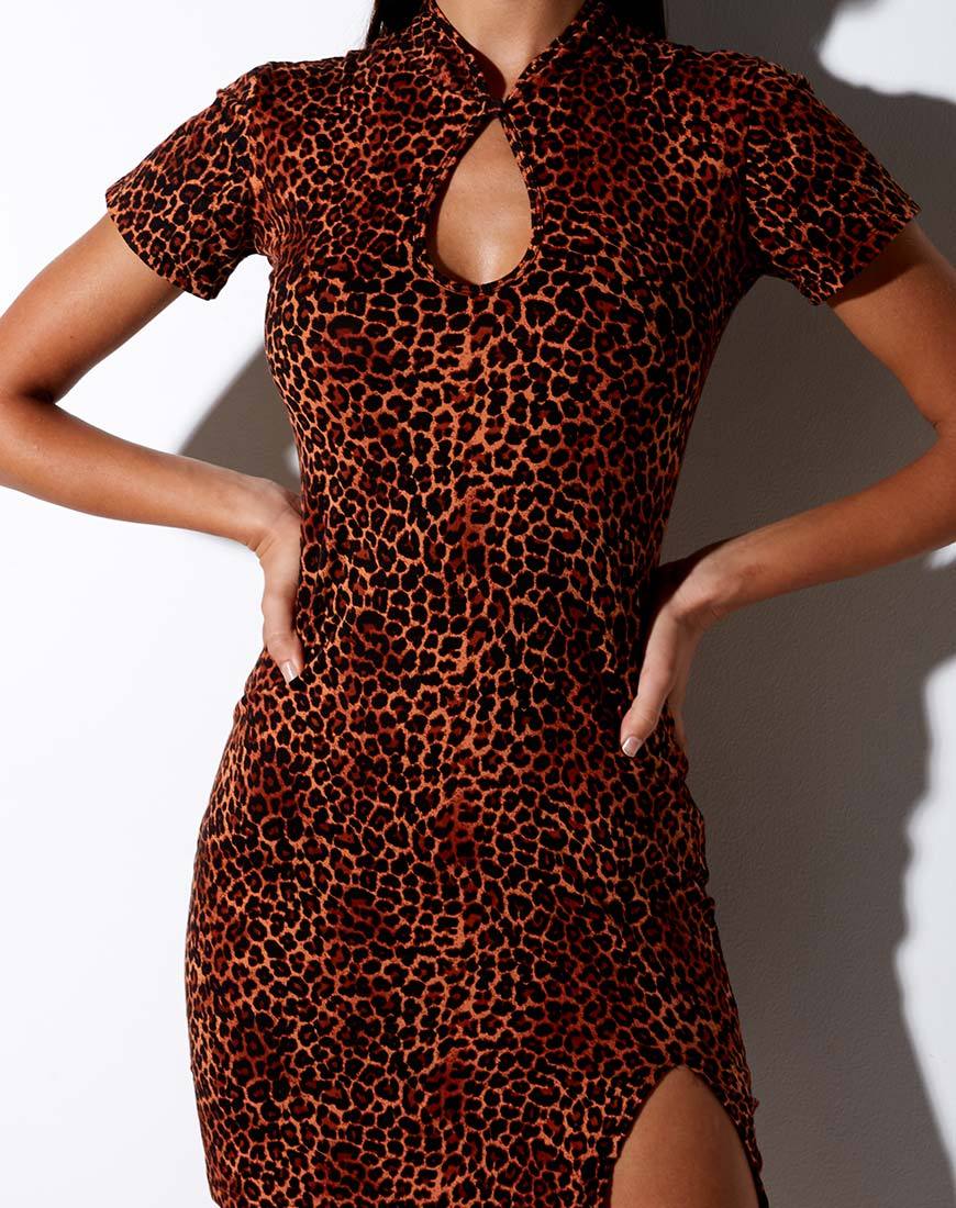 Afbeelding van Marlin Bodycon Jurk in Ditsy Luipaard Oranje