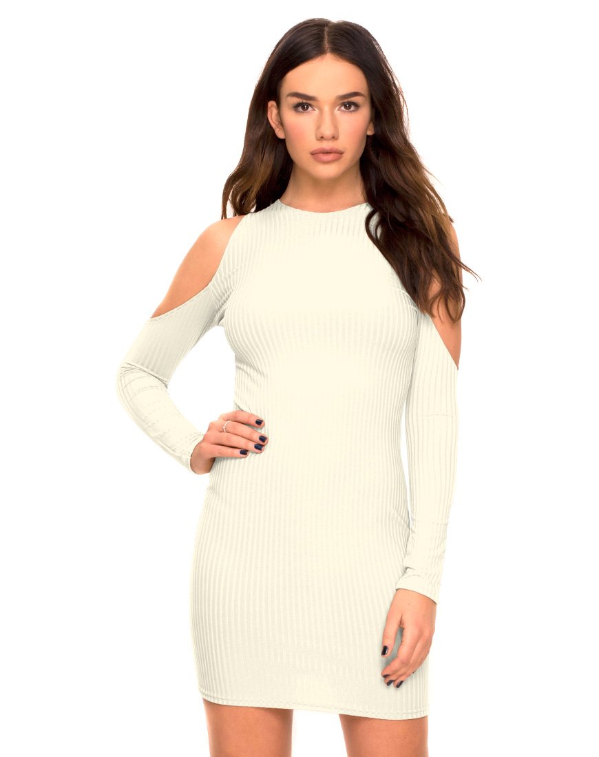 Marsha Koude Schouder Jurk in Wit Rib