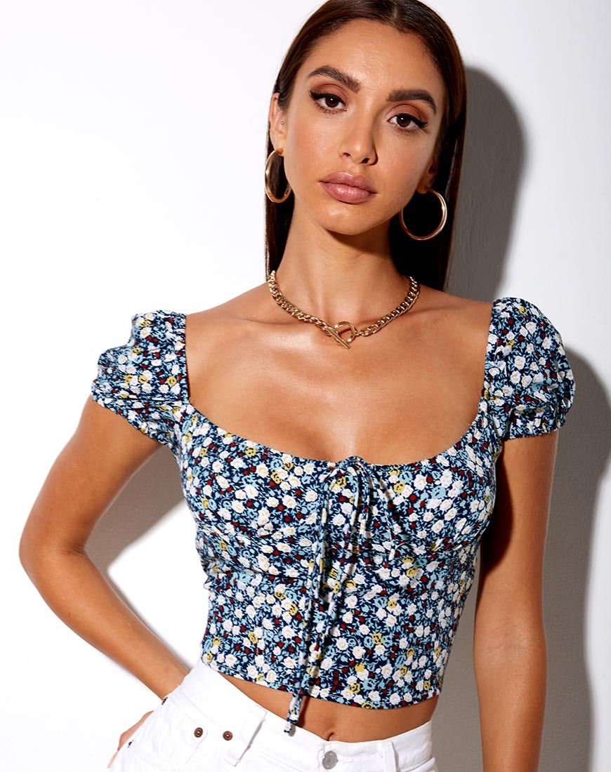 Mazu Top in Bloemenveld Marine