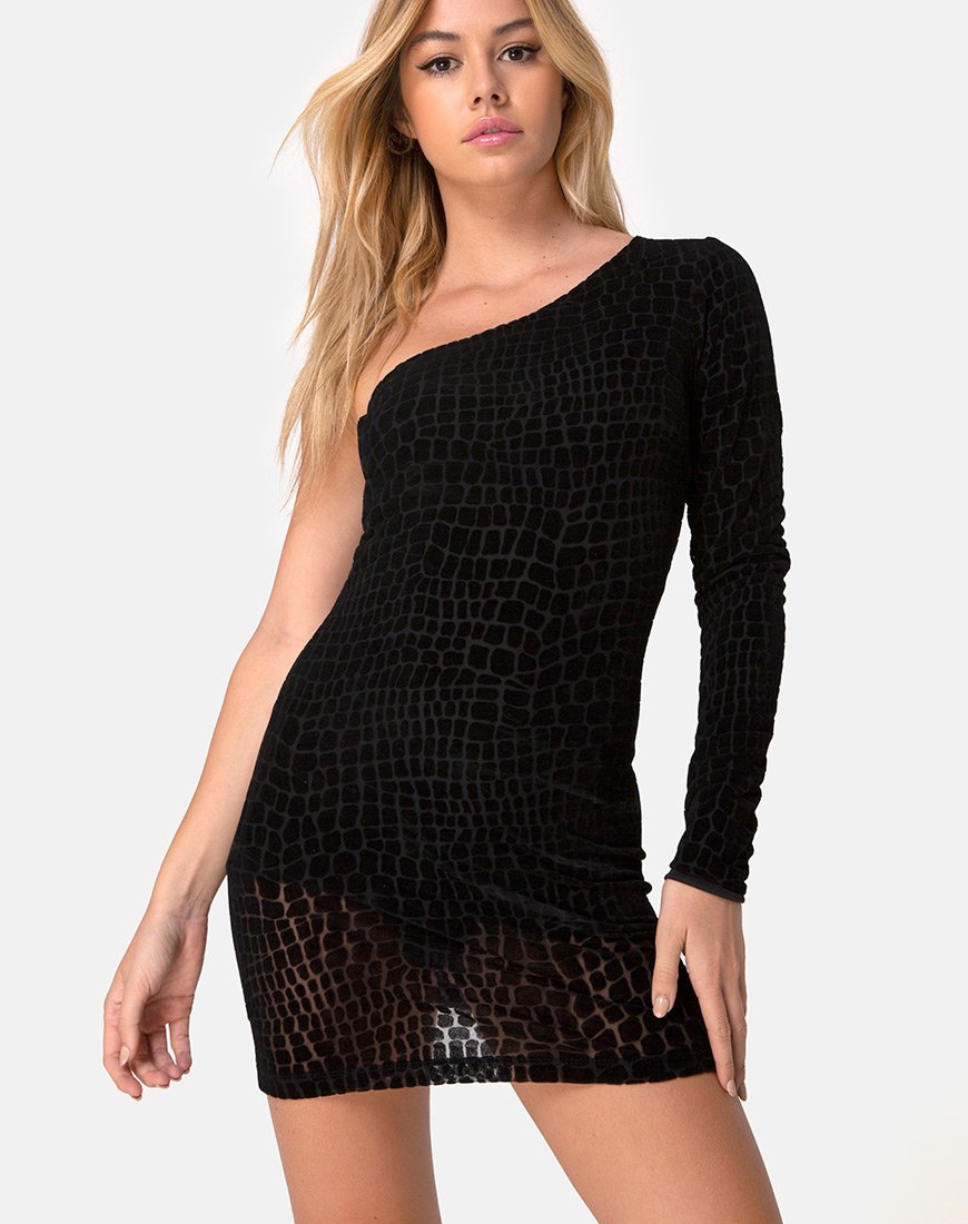 Afbeelding van Mega Bodycon Dress in Croc Flock Zwart