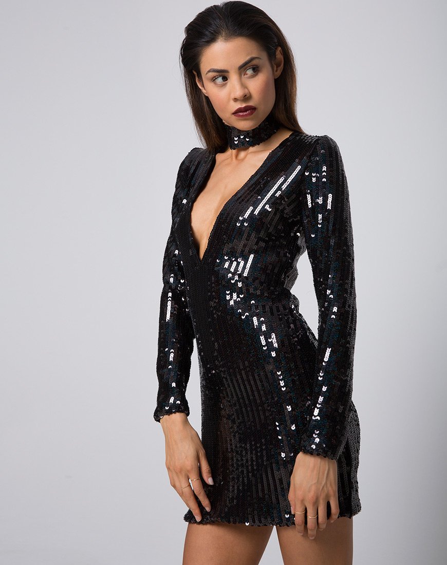Afbeelding van Meli Jurk en Choker in Fishscale Pailletten Zwart Iridescent