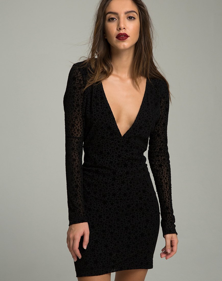 Meli Plunge Dress in Flock Star Lace Zwart