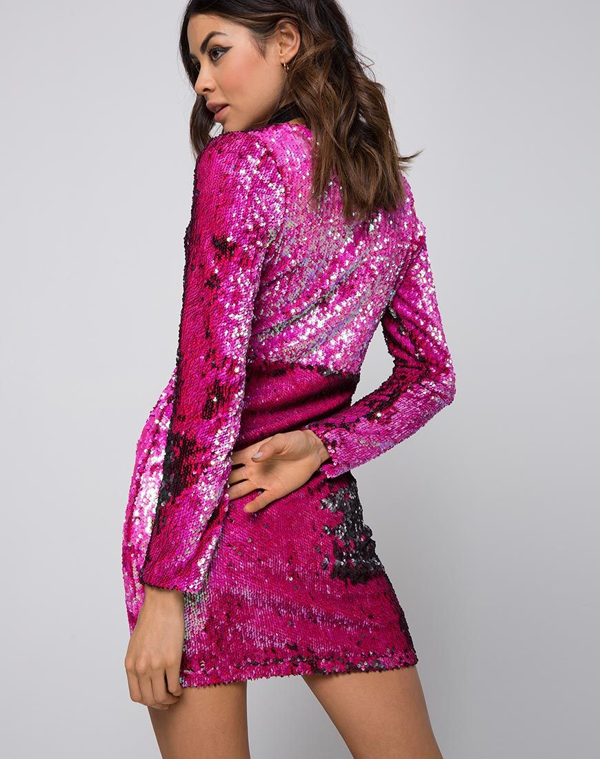 Afbeelding van Meli Plunge Dress in Fishcale Pailletten Roze