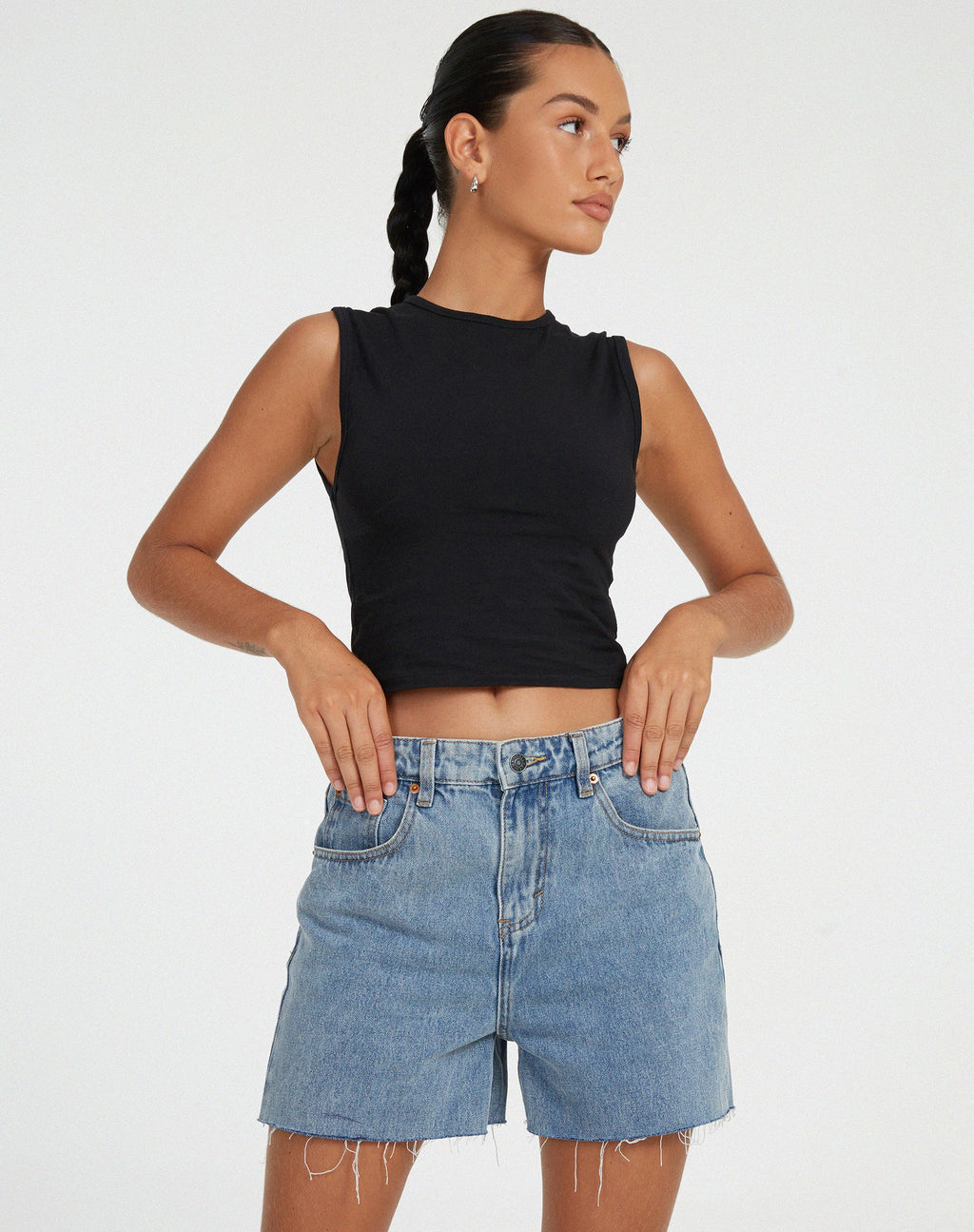 Denim short halflang in lichte wassing